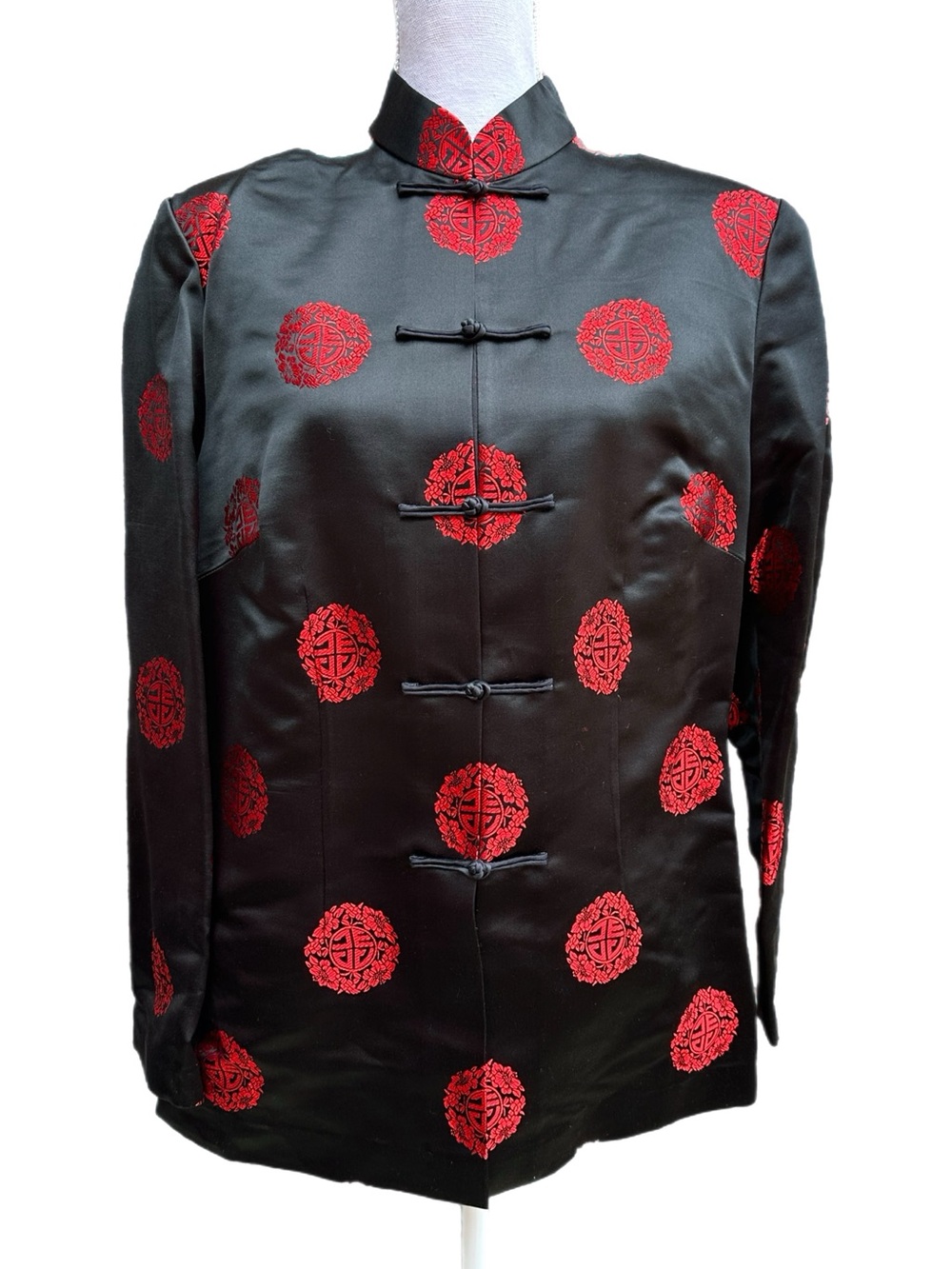 Vintage Boho Black and Red Handmade Satin Chinese Cheongsam Tang Jacket